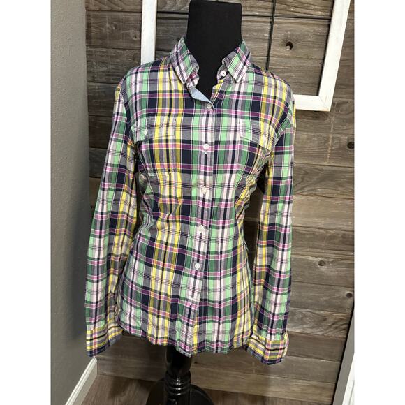 Tommy Hilfiger plaid button up long sleeve yellow teal pink blouse womens size L - Picture 1 of 8